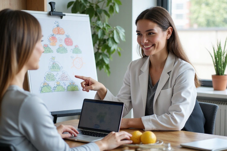 Nutritionist explaining healthy eating concepts to a client during an online consultation