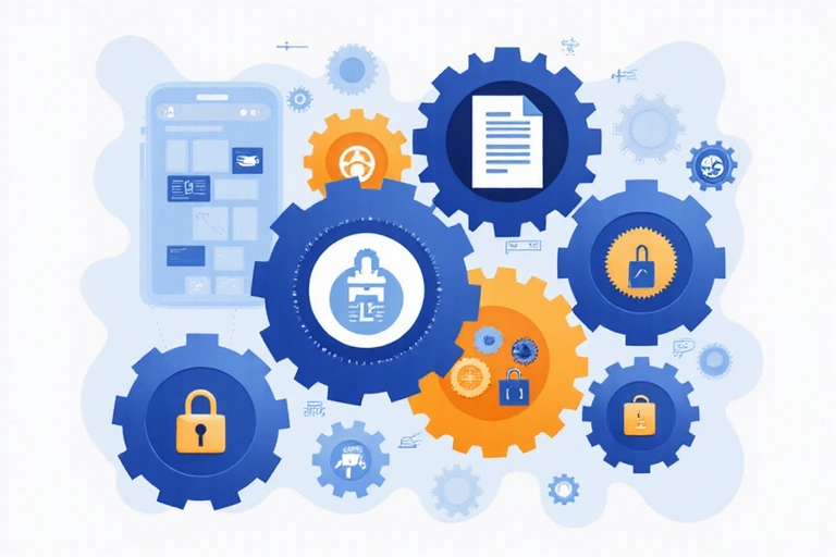 A stylized abstract representation of intellectual property, with interlocking gears and document icons, symbolizing protection and ownership.